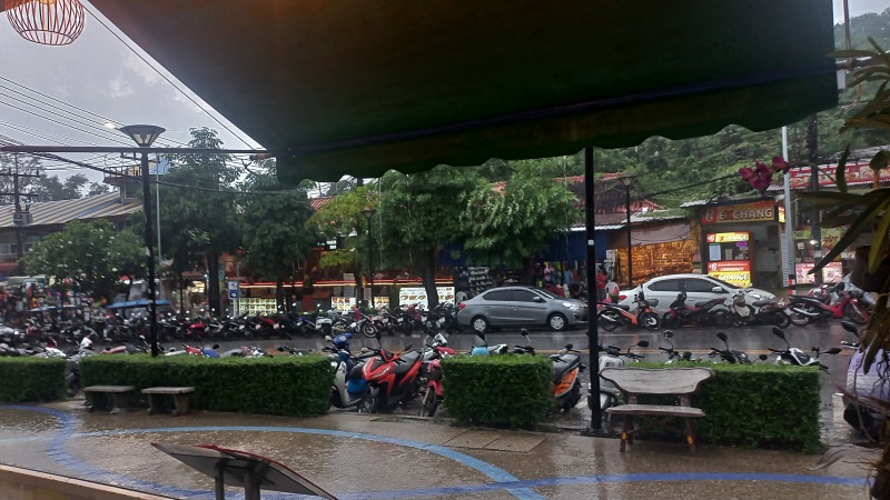 Tropical rainstorm in Ao Nang town